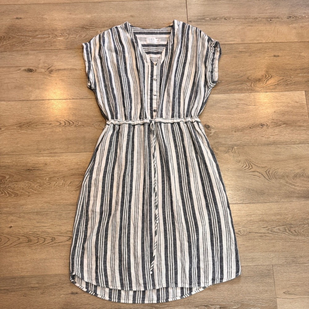 Time and Tru Striped Linen Blend Midi Dress Button‎ Down Drawstring Small S